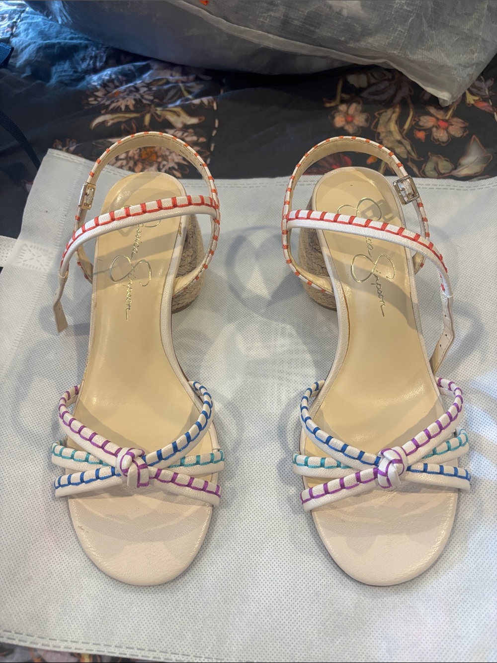 Jessica Simpson White Sandals with Multicolor Braided Straps